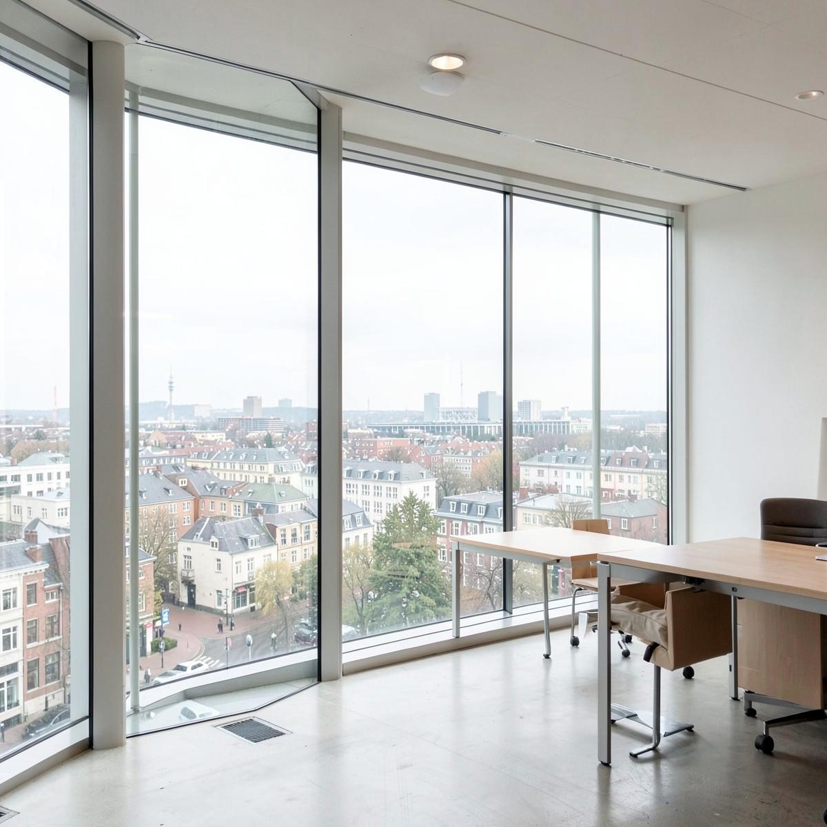 Ljust kontor med utsikt över en svensk stad